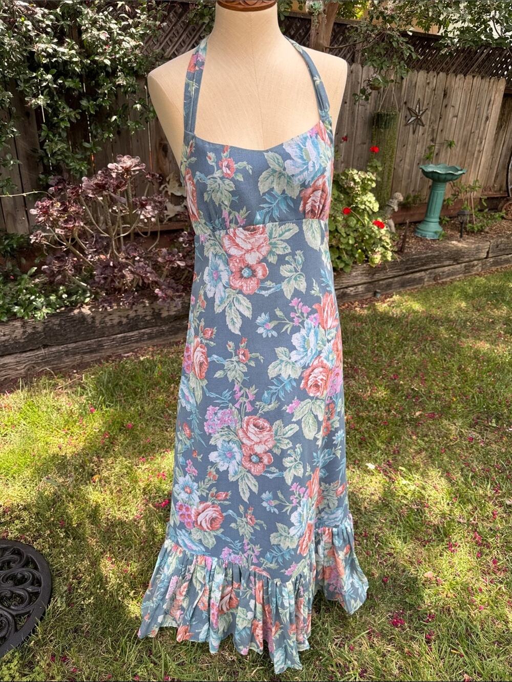 Handmade Floral Halter Maxi Dress Blue Ruffle Hem Women's XS?